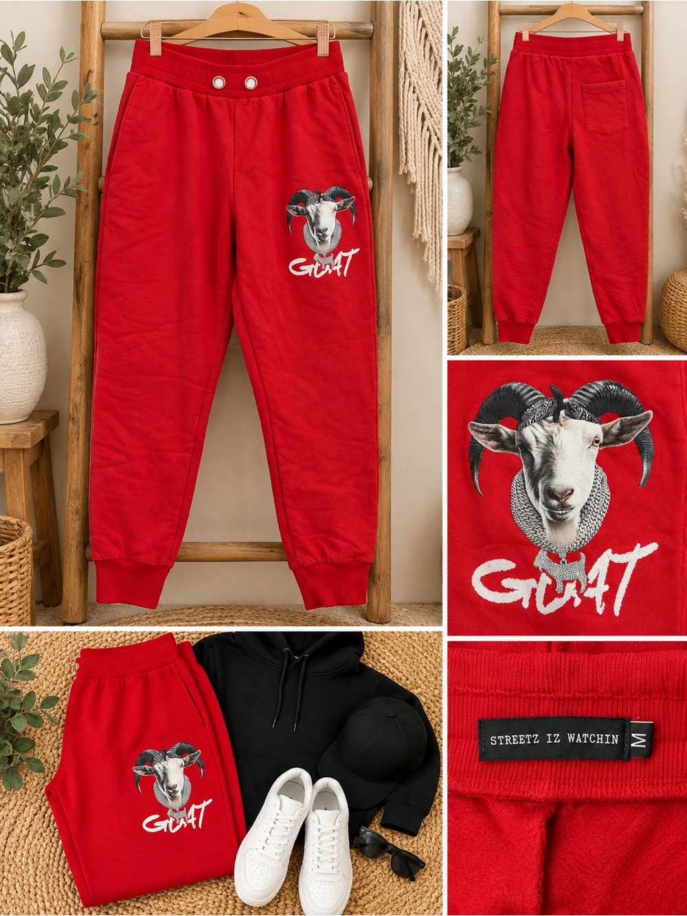 Streetz Iz Watchin GOAT Graphic Red Jogger Sweatpants Men’s M Streetwear